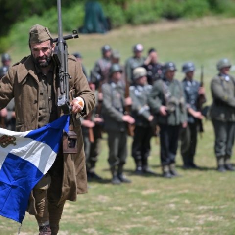 σταρτιωτες, σημαια, οπλα, δασος