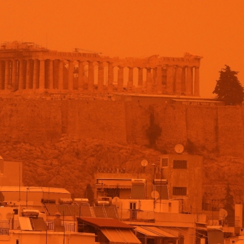 ακροπολη, σπιτια, πορτοκαλί ουρανος