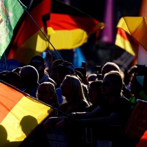 Υποστηρικτές της AfD κυματίζουν γερμανικές σημαίες, κατά τη διάρκεια προεκλογικής συγκέντρωσης 