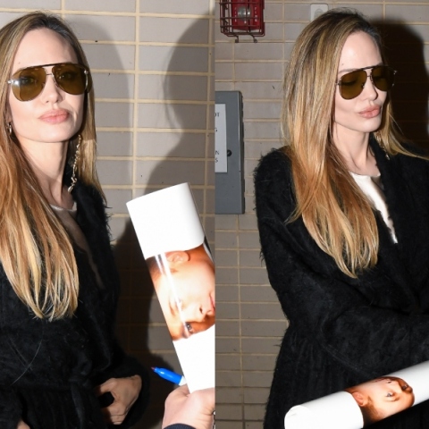 Ανέκφραστη η Αντζελίνα Τζολί υπέγραψε αυτόγραφα σε αφίσα ταινίας με τον Μπραντ Πιτ