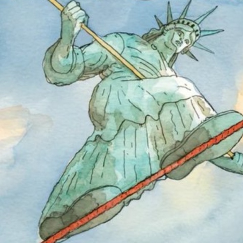 το Άγαλμα της Ελευθερίας περπατά σε τεντωμένο σκοινί πάνω από το κενό