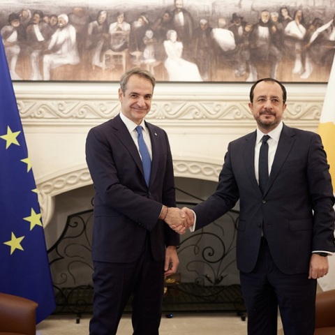 Ο πρόεδρος της Κύπρου Νίκος Χριστοδουλίδης στο πλαίσιο των κοινών δηλώσεών του με τον πρωθυπουργό Κυριάκο Μητσοτάκη στη Λευκωσία