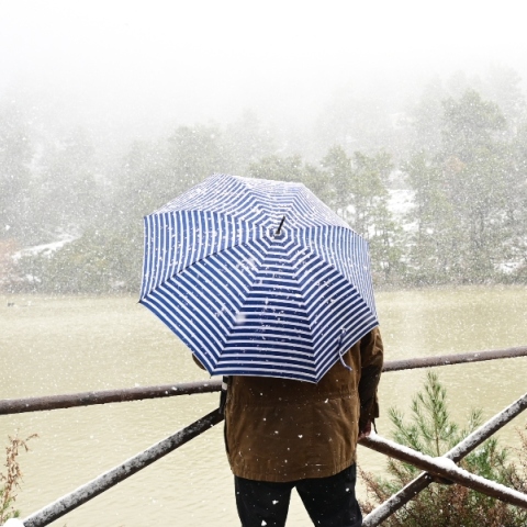ανδρας κραταει ομπρελα, βροχη, χιονι