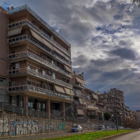 συννεφα, ουρανος, πολυκατοικιες, δρομος