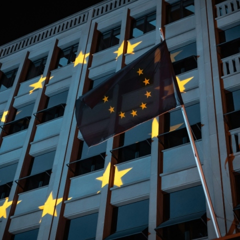 μπλε σημαια μπροστα απο κτιριο