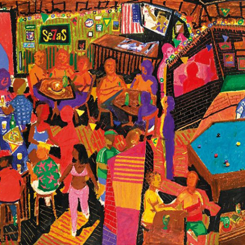 Νίκος Κυριακόπουλος, Seven Seas Bar, λαδοπαστέλ σε χαρτί, 100 x 210 εκ.