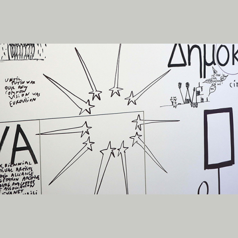 Dan Perjovschi, "The Long Wall Report", Σχέδιο σε τοίχο / © Δημήτρης Τζαμτζής