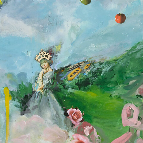 Έλενα Κυρκιλή, Once upon a Time, ακρυλικό, τυπωμένο χαρτί και ξύλο σε καμβά