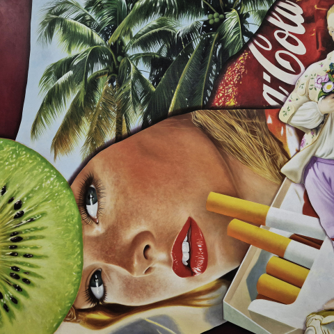 "Cigarettes & Kiwi Dreams", oil on aluminium, 87x110 cm