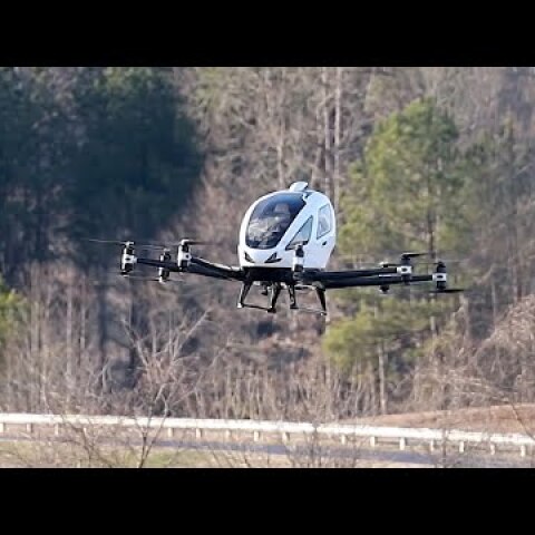 The first demonstration flight in North America of an air taxi, a pilotless aerial passenger vehicle