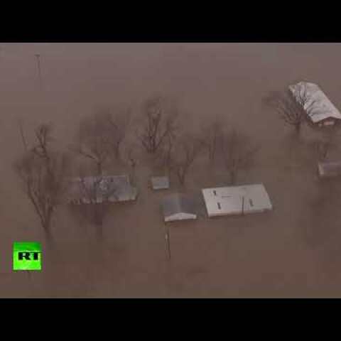 Aerial view of Nebraska under water as state of emergency is declared for 70% of the state