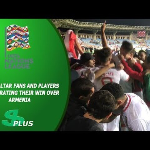 Gibraltar fans and players celebrating their win over Armenia