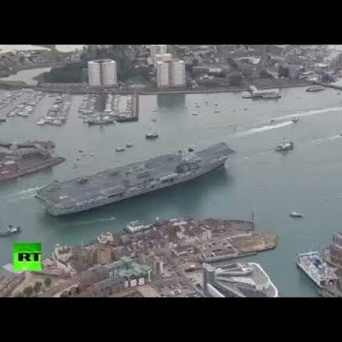 AERIAL: UK’s HMS Queen Elizabeth flagship carrier sails into Portsmouth