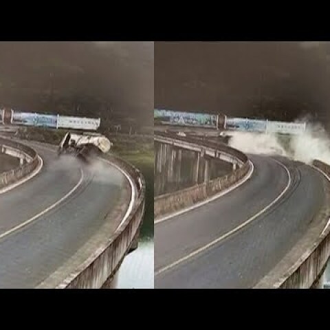 Blown tire causes truck rollover into lake in east China