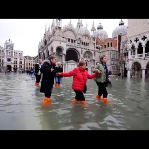 Woman's Luggage Floats Along Flooded Streets of Venice