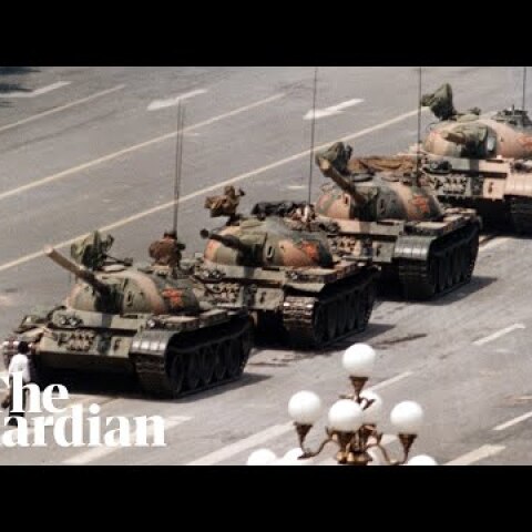Tank Man: hero of 1989 Tiananmen protest stands in front of tanks – archive video