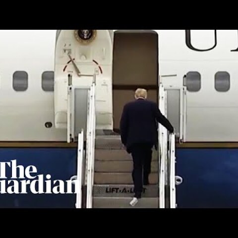 Donald Trump boards Air Force One with paper stuck to his shoe