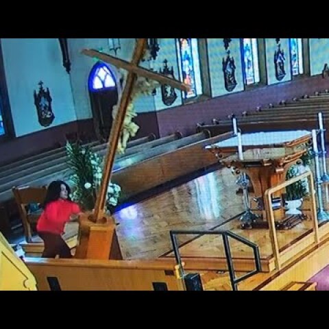 CATCH ON VIDEO: Watsonville woman topples crucifix during catholic church vandalism rampage