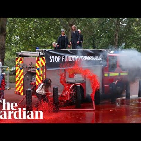 Fake blood sprayed on Treasury in Extinction Rebellion protest