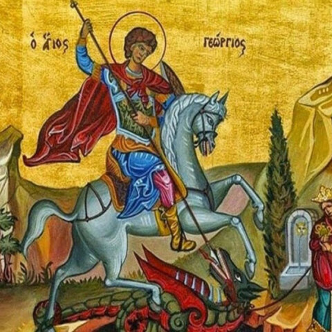 Ο Άγιος Γεώργιος σκοτώνει τον δράκο και σώζει τη βασιλοπούλα - Απεικόνιση σε ιερό ναό