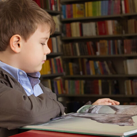 boy sitting near red table reading book
