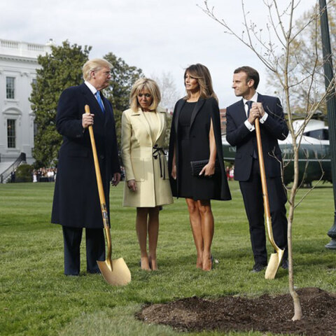 Ντόναλτ Τραμπ και Εμανουέλ Μακρόν φυτεύουν μια βελανιδιά στον Λευκό Οίκο