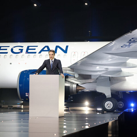 O Κυριάκος Μητσοτάκης στην τελετή παραλαβής νέων Airbus της Aegean