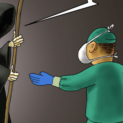 Το σκίτσο του Αρκά για τον κορωνοϊό με τον γιατρό που κλείνει τον δρόμο στον Χάρο