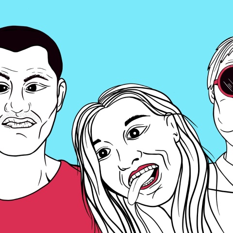 Σκίτσο ανθρώπων που κάνουν αστείες γκριμάτσες στην κάμερα