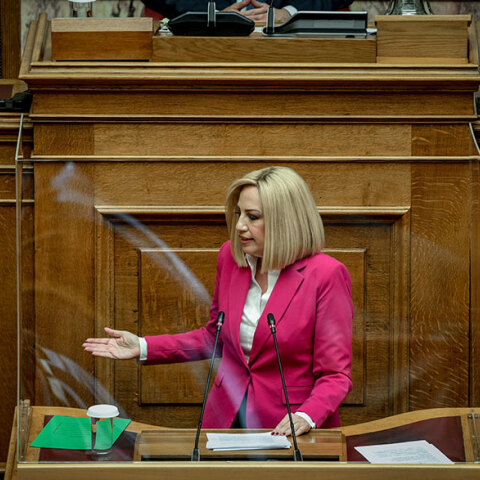 Η Φώφη Γεννηματά μιλά στη Βουλή πίσω από το προστατευτικό κατά του κορωνοϊού πλέξιγκλας © EUROKINISSI