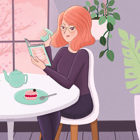 Γυναίκα διαβάζει βιβλίο ενώ πίνει τσάι και τρώει