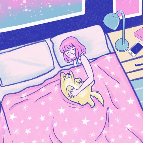 Εικονογράφηση γυναίκας που κοιμάται με τον σκύλο της