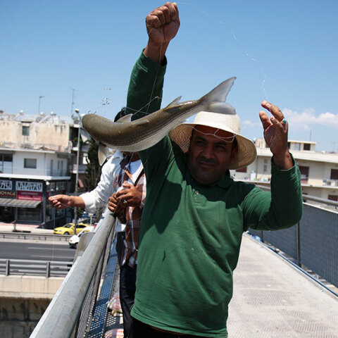 Ψαρεύουν κέφαλους στον Κηφισό από τη γέφυρα στο ύψος του Ρέντη