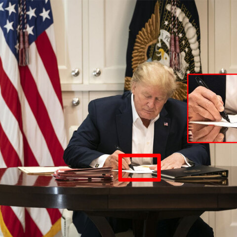 Ο Ντόναλντ Τραμπ στην προεδρική σουίτα του στρατιωτικού νοσοκομείου όπου νοσηλεύεται με κορωνοϊό, υπογράφει σε λευκή σελίδα