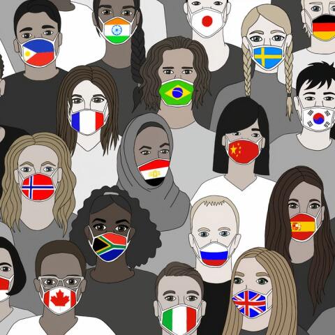 Σκίτσο με πολίτες που φορούν μάσκες κατά του κορωνοϊού