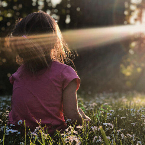 Κοριτσάκι γυρισμένο πλάτη κάθεται στο γρασίδι με φόντο δέντρα και ήλιο