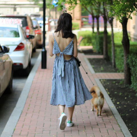 Γυναίκα βγάζει βόλτα τον σκύλο της