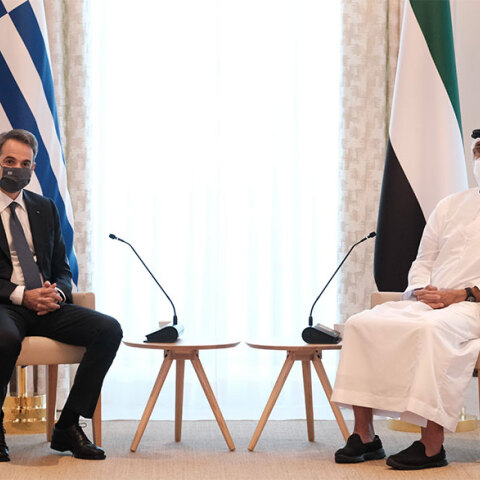 Ο πρωθυπουργός Κυριάκος Μητσοτάκης με τον διάδοχο του Θρόνου των ΗΑΕ Σεΐχη Mohammed Bin Zayed Al Nahyan