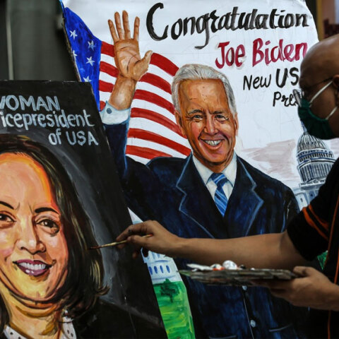 Ζωγραφικός πίνακας με τον Τζο Μπάιντεν, τον νέο Αμερικανό πρόεδρο, και την Καμάλα Χάρις, την πρώτη γυναίκα αντιπρόεδρο των ΗΠΑ