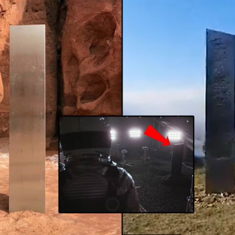 Μεταλλικοί μονόλιθοι εντοπίστηκαν στη Γιούτα των ΗΠΑ και τη Ρουμανία / Ένθετη: Ο μαύρος μονόλιθος στην ταινία του Στάνλεϊ Κιούμπρικ «2001: Η Οδύσσεια του Διαστήματος»