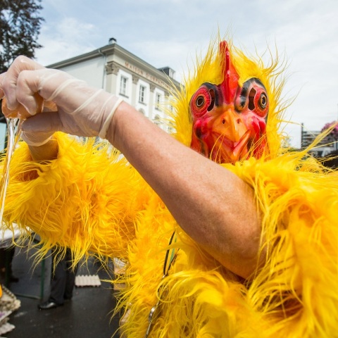 Άντρας ντυμένος με αποκριάτικη στολή κοτόπουλου