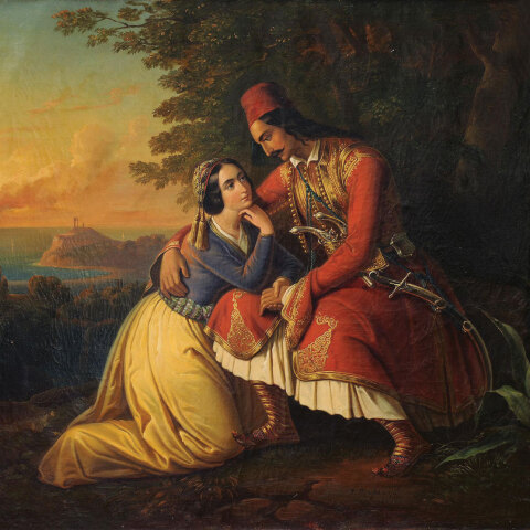 Πίνακας ζωγραφικής «Αποχαιρετισμός στο Σούνιο» δείχνει πολεμιστή και κοπέλα 