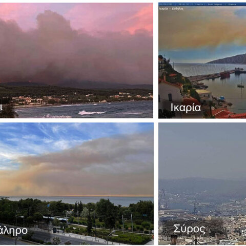 Καπνός από τη φωτιά στον Σχίνο Κορινθίας σε Ικαρία, Παλαιό Φάληρο και Σύρο