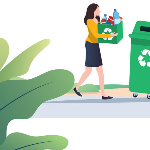 Εικογράφηση με γυναίκα που κρατάει μπουκάλια ανακύκλωσης, άνδρας που σπρώχνει κάδο ανακύκλωσης
