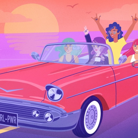 Εικονογράφηση που απεικονίζει 4 γυναίκες σε cabrio αυτοκίνητο