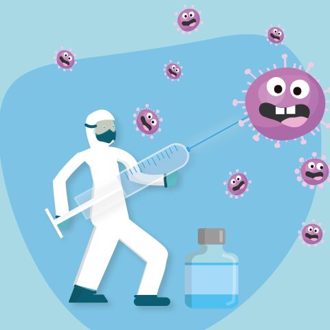 Εικονογράφηση που απεικονίζει νοσηλευτή να επιτίθεται με εμβόλιο στον κορωνοϊό