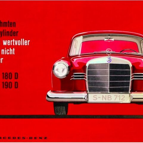 Διαφήμιση του 20ού αιώνα της mercedes που απεικονίζει αυτοκίνητο