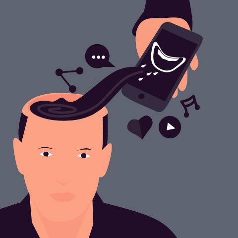 Εικονογράφηση που απεικονίζει άνδρα που ο εγκέφαλός του είναι συνδεδεμένος με smartphone