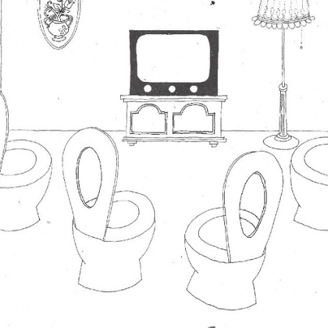 Σκίτσο του ΚΥΡ που απεικονίζει οθόνη τηλεόρασης και λεκάνες τουαλέτας