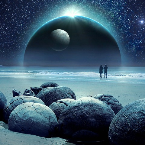 Εικονογράφηση που απεικονίζει ζευγάρι και πλανήτες